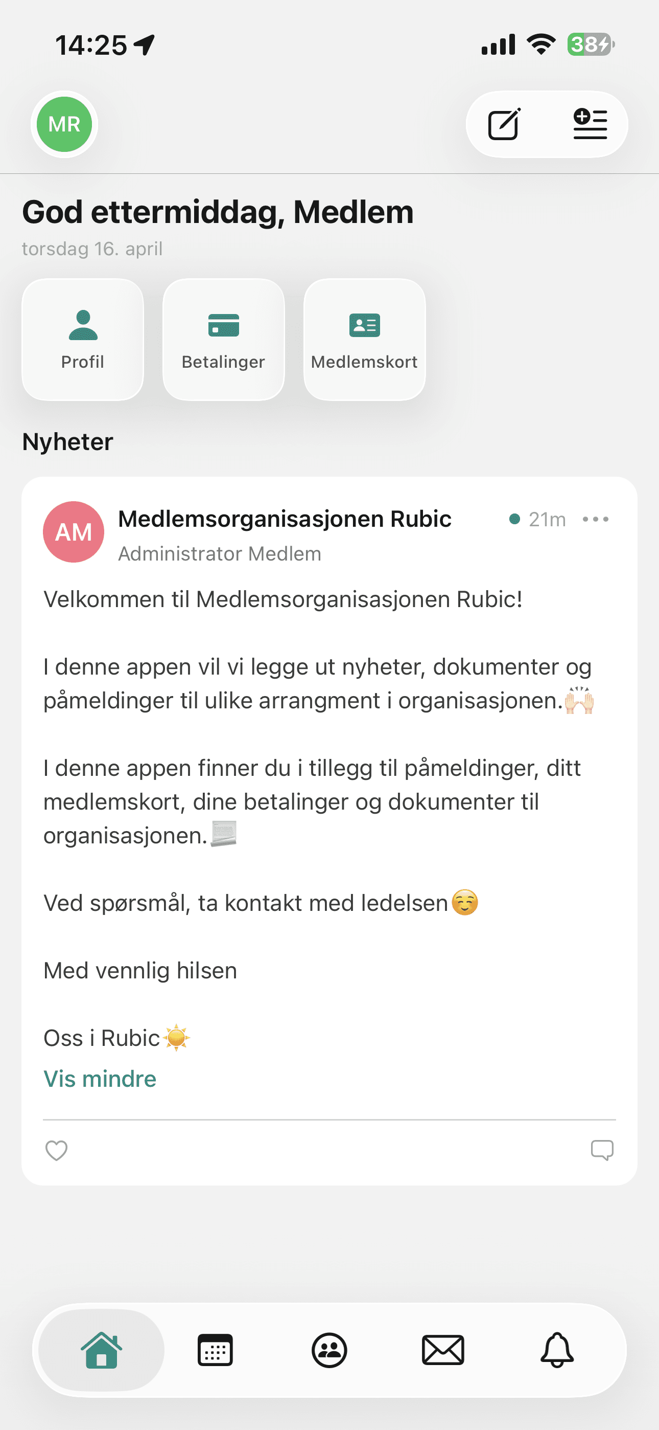 Rubic Connect-appen sett fra et medlem i en forening