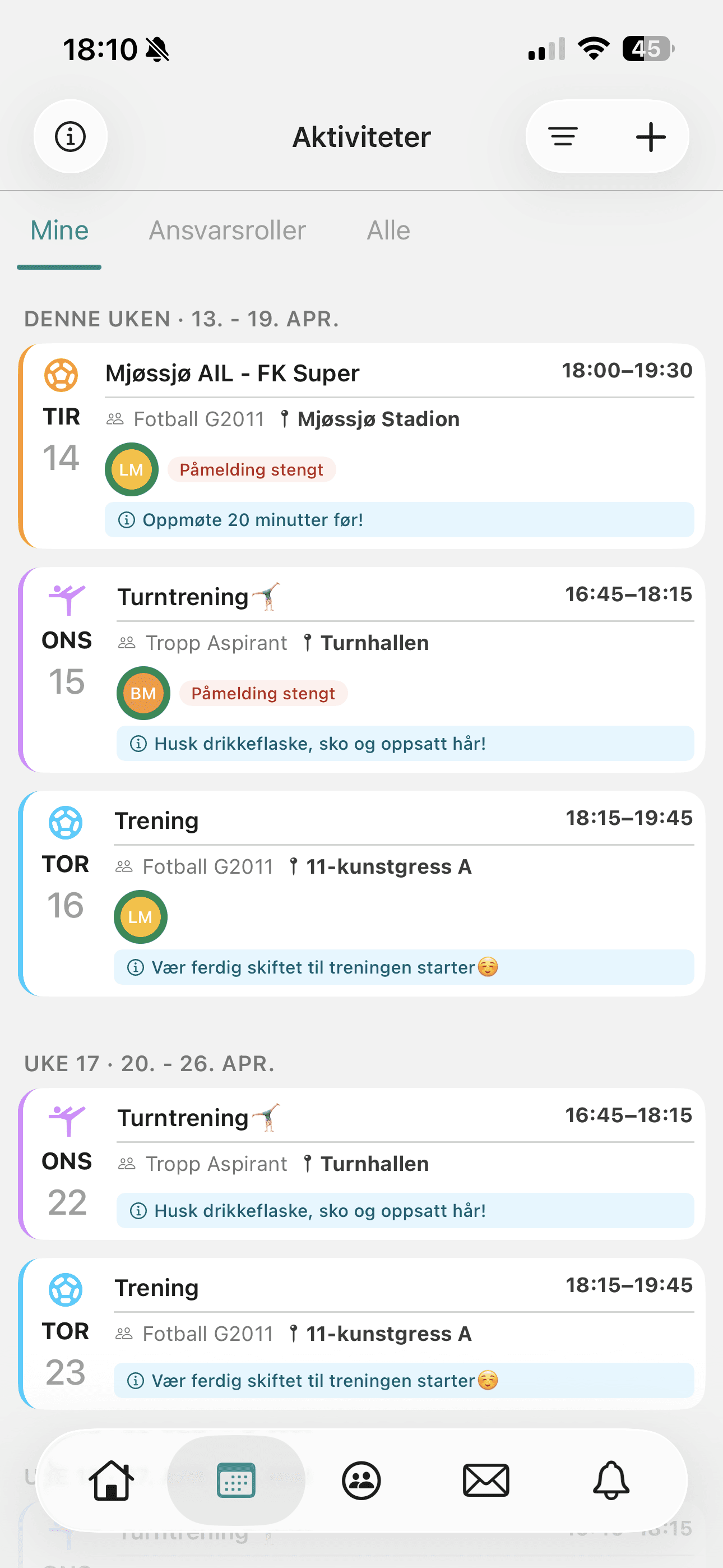 Aktivitetsoversikt i appen med treninger og kamper for uka