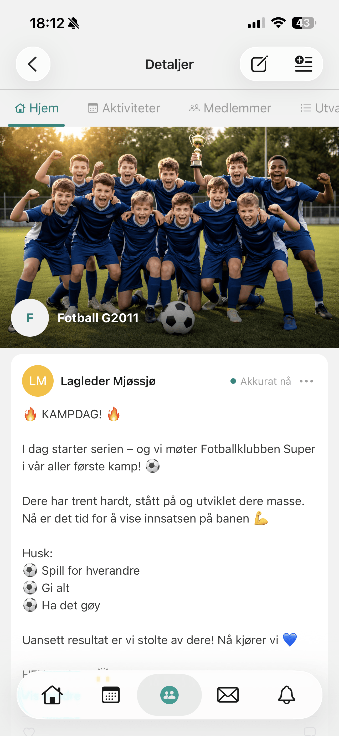 Lagsrom i appen med beskjeder, bilder og medlemmer
