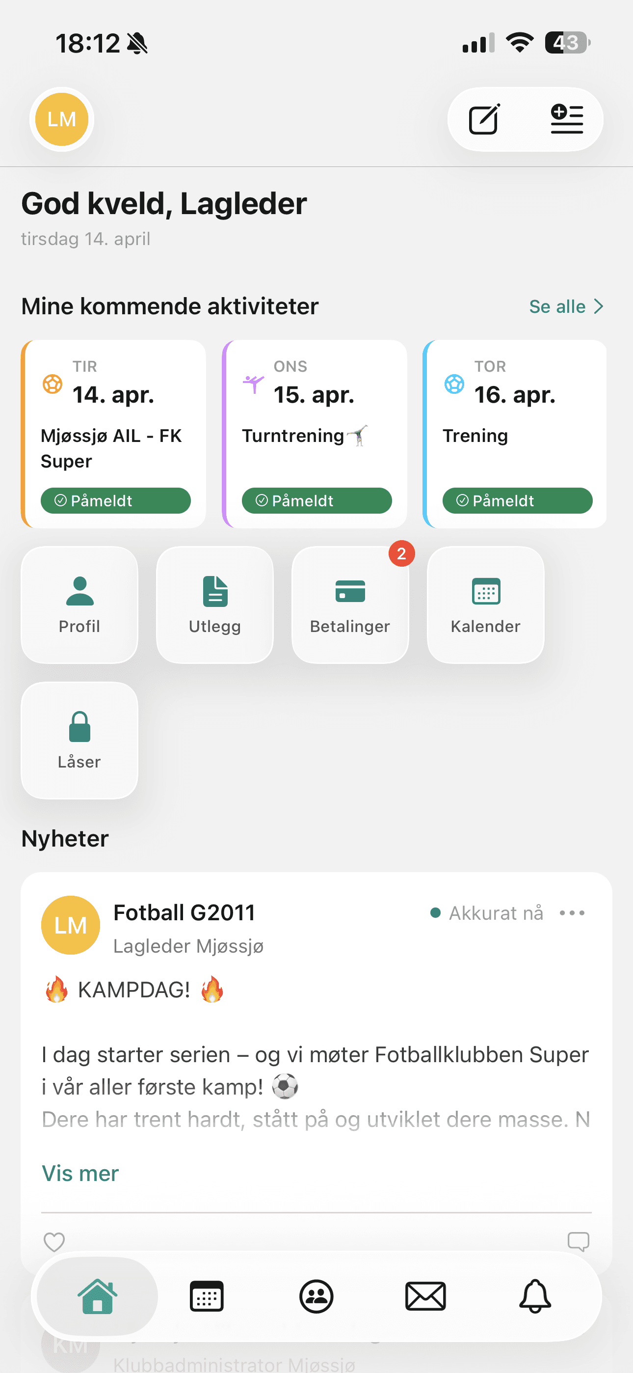 Rubic Connect-appen: dashboard for et idrettslag med kommende treninger og beskjeder