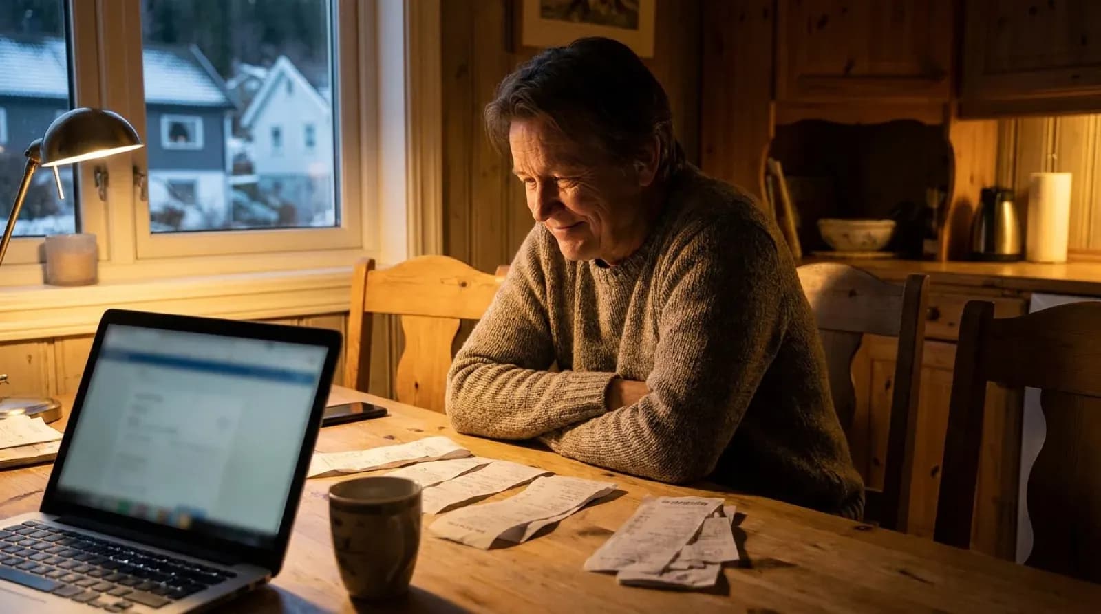 Person som sitter med papirer og laptop sent på kvelden