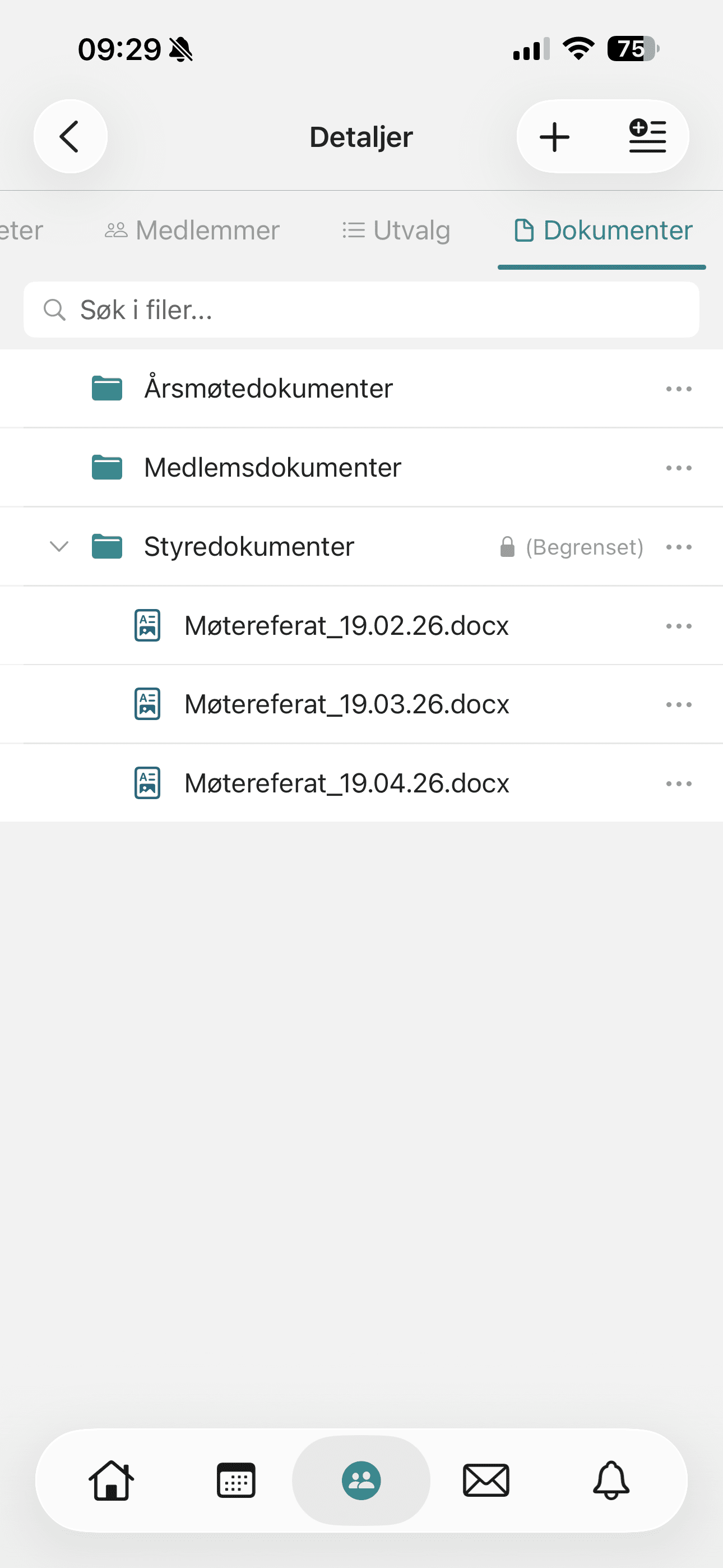 Dokumentarkiv med styrepapirer i appen