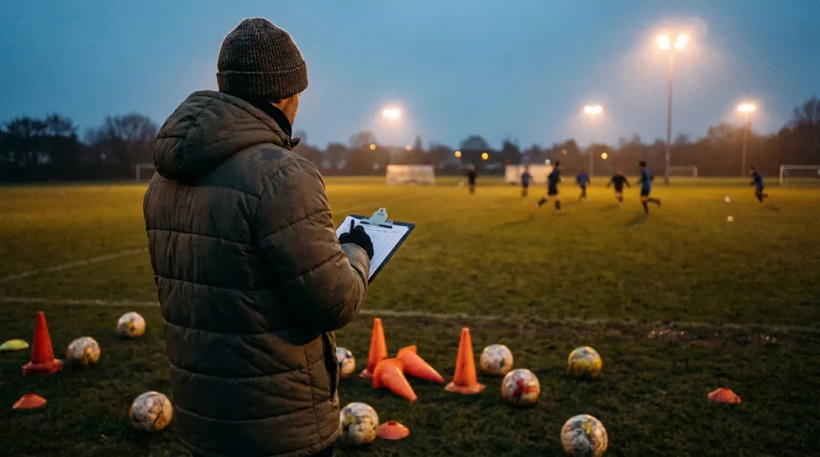 Fotballspillere på trening en høstkveld